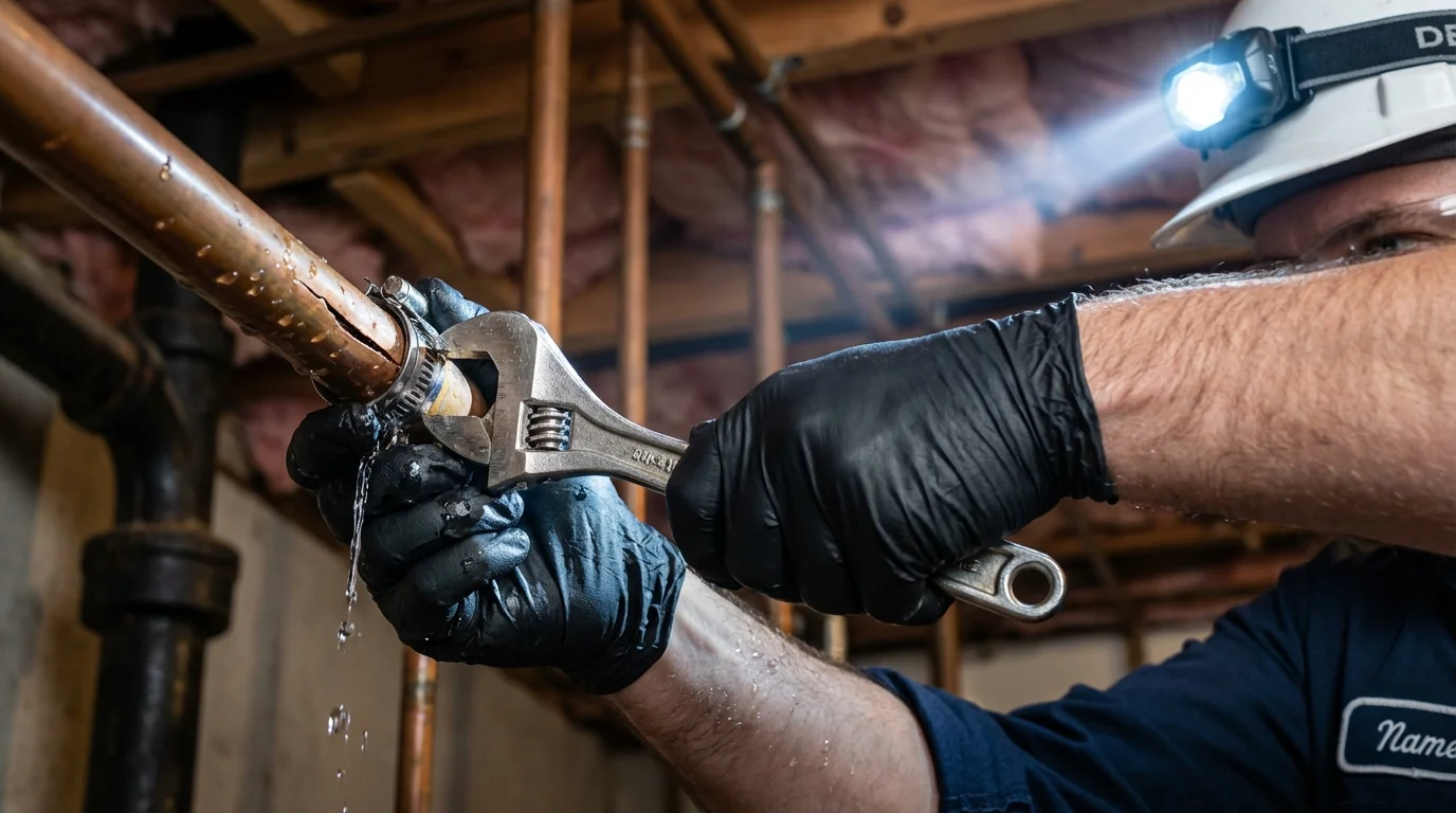 Emergency pipe clamp repair being performed by a Johns Plumbing LLC plumber in Shelbyville