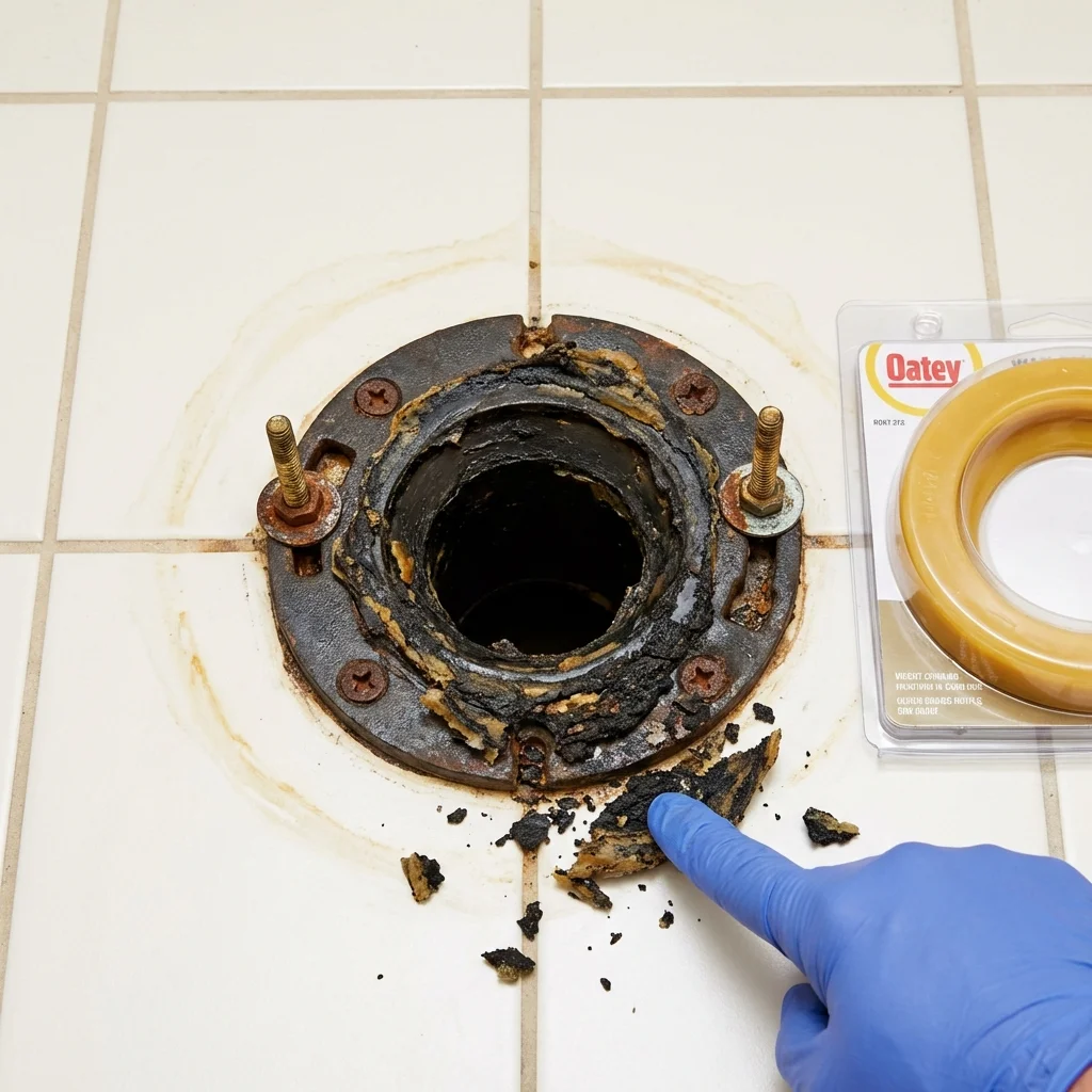 Failed wax ring showing water seepage at the base of a toilet in a Shelbyville, IL home