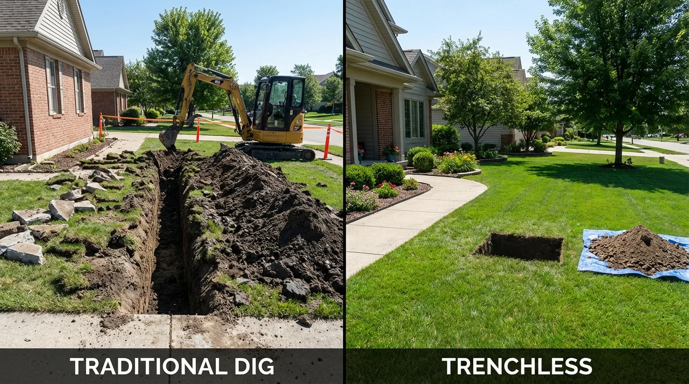 Trenchless sewer repair with minimal yard damage versus traditional excavation in Shelbyville, IL