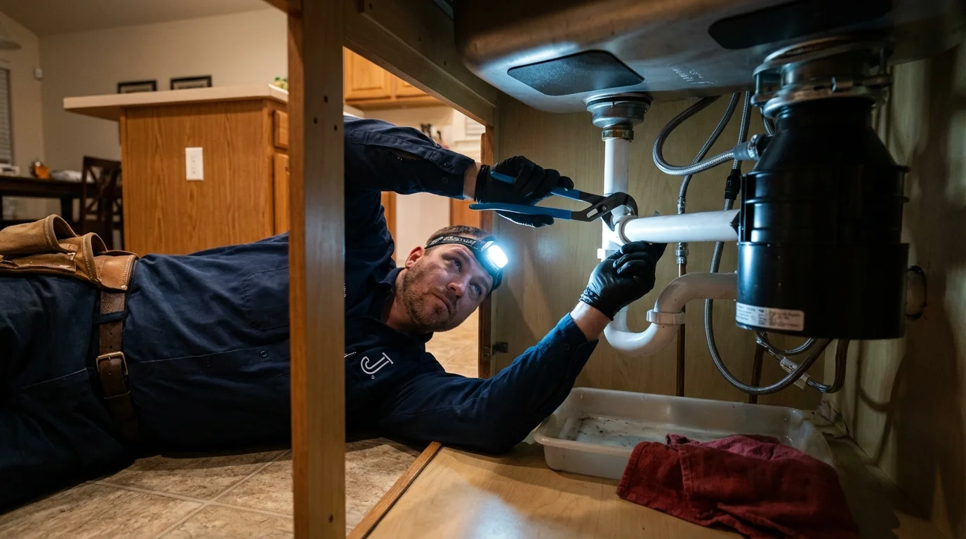 P-trap and supply line connections under a kitchen sink showing a common leak point in Shelbyville, IL